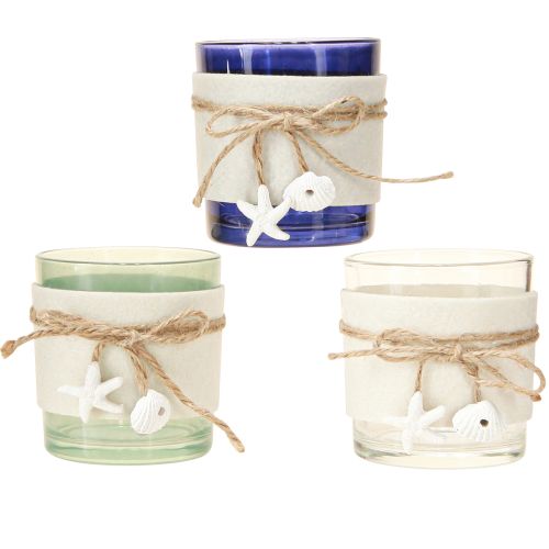Prodotto Portacandela in vetro portacandela marittimo blu verde bianco 7,5cm 3pz