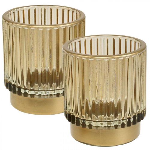 Floristik24 Lanterna porta tealight in vetro rigato oro H8cm 2pz