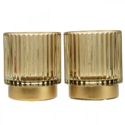 Floristik24 Lanterna porta tealight in vetro rigato oro H8cm 2pz