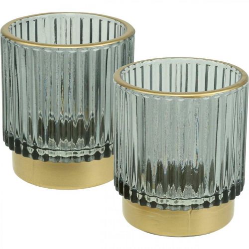 Floristik24 Lanterna porta tealight in vetro rigato oro/grigio H8cm 2pz