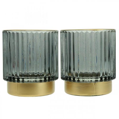 Floristik24 Lanterna porta tealight in vetro rigato oro/grigio H8cm 2pz