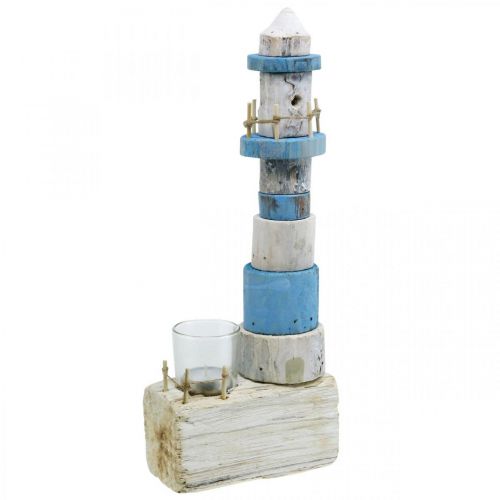 Prodotto Faro in legno con decorazione marittima in vetro tea light blu, bianco H38cm