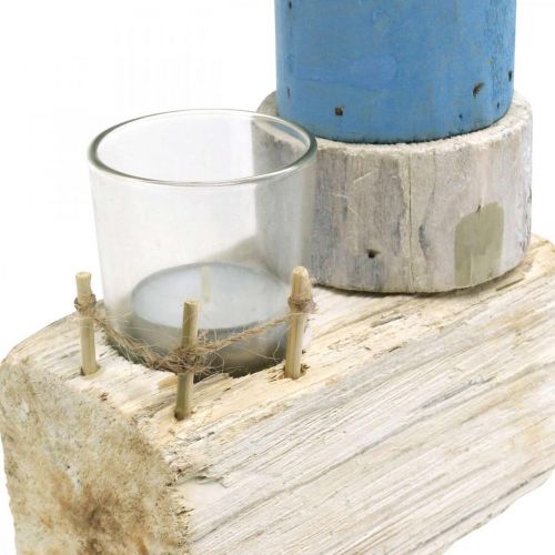 Faro in legno con decorazione marittima in vetro tea light blu, bianco H38cm