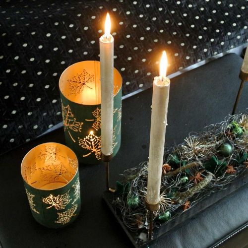 Floristik24 Lanterna in metallo con foglie verdi, dorate H20 / 15 / 10cm set da 3