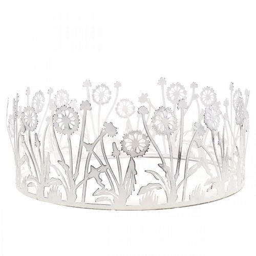 Floristik24 Vassoio decorativo con denti di leone, decorazione in metallo per la primavera bianco, argento shabby chic Ø25cm H10,5cm