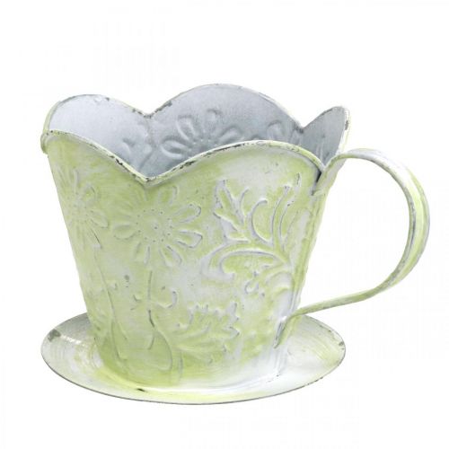 Floristik24 Fioriera, portafiltro caffè decorativo, tazza in metallo per piantare, decorazione floreale verde, bianco shabby chic H11cm Ø11cm