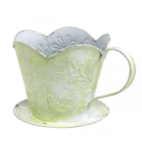 Prodotto Fioriera, portafiltro caffè decorativo, tazza in metallo per piantare, decorazione floreale verde, bianco shabby chic H11cm Ø11cm