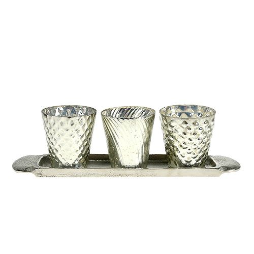 Floristik24 Piatto arredo tavola con 3 bicchieri tealight argento Ø7cm H8cm