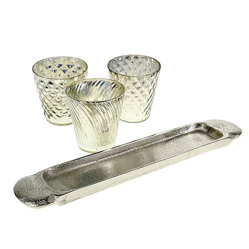 Floristik24 Piatto arredo tavola con 3 bicchieri tealight argento Ø7cm H8cm