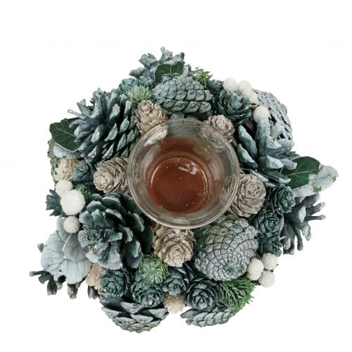Floristik24 Decorazione da tavola ghirlanda di pigne con lumino verde Ø20cm