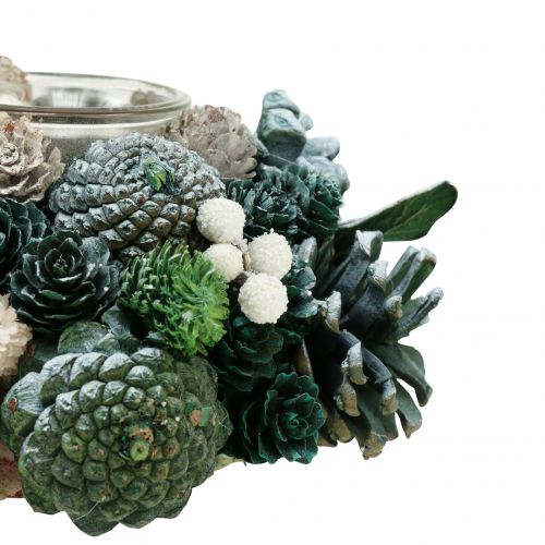 Floristik24 Decorazione da tavola ghirlanda di pigne con lumino verde Ø20cm