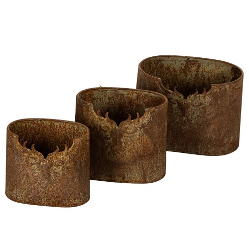 Set di 3 vasi da fiori ovali in metallo a forma di cervo, stile rustico, 24 cm.