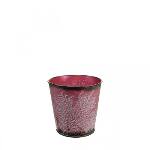 Floristik24 Fioriera con decorazione a foglia, vaso in metallo, autunno, vaso per piante rosso vino Ø10cm H10cm