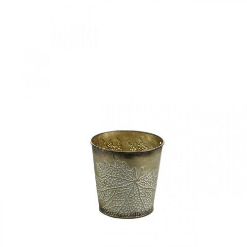 Fioriera per l&#39;autunno, vaso in metallo con decoro a foglia, fioriera dorata Ø10cm H10cm