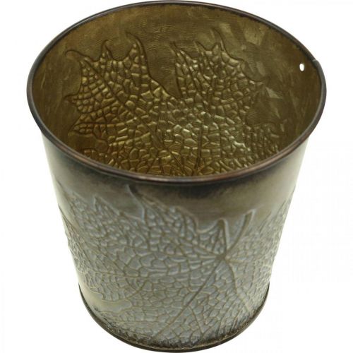 Fioriera per l&#39;autunno, vaso in metallo con decoro a foglia, fioriera dorata Ø10cm H10cm