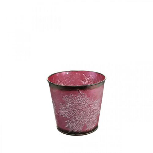 Prodotto Vaso decorativo per piantare, secchio di latta, decorazione in metallo con motivo a foglia rosso vino Ø14cm H12,5cm