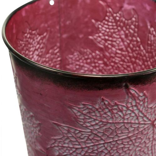 Prodotto Vaso decorativo per piantare, secchio di latta, decorazione in metallo con motivo a foglia rosso vino Ø14cm H12,5cm