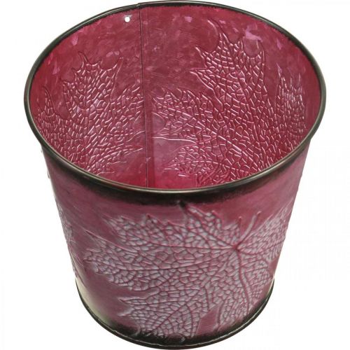 Prodotto Vaso decorativo per piantare, secchio di latta, decorazione in metallo con motivo a foglia rosso vino Ø14cm H12,5cm