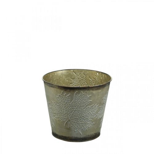 Floristik24 Fioriera per l&#39;autunno, secchio in metallo con decorazione a foglia, vaso in metallo dorato Ø14cm H12.5cm