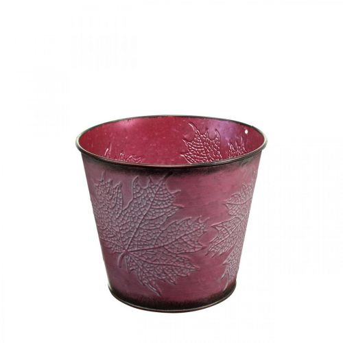 Portavasi con decoro a foglia, decoro autunnale, fioriera in metallo rosso vino Ø16,5 cm H14,5 cm