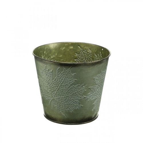 Secchio decorativo con decorazione a foglia, vaso autunnale, decorazione in metallo verde Ø17cm H14.5cm