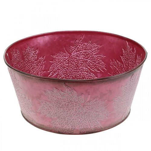 Floristik24 Ciotola per piante per l&#39;autunno, contenitore in metallo con decorazione a foglia, vaso decorativo rosso vino Ø25cm H11cm