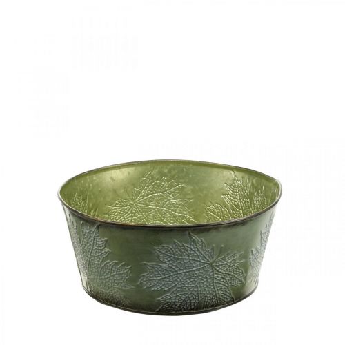 Prodotto Vaso per fioriera con foglie d&#39;acero, decorazione autunnale, vaso in metallo verde Ø25cm H11cm
