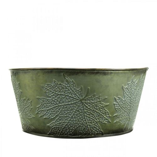 Prodotto Vaso per fioriera con foglie d&#39;acero, decorazione autunnale, vaso in metallo verde Ø25cm H11cm