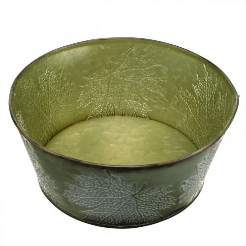 Prodotto Vaso per fioriera con foglie d&#39;acero, decorazione autunnale, vaso in metallo verde Ø25cm H11cm