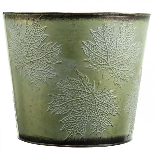 Prodotto Fioriera, vaso in metallo con foglie d'acero, decorazione autunnale verde Ø25.5cm H22cm