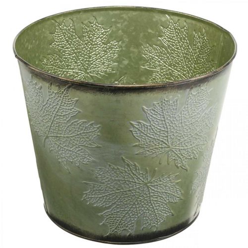 Prodotto Fioriera, vaso in metallo con foglie d&#39;acero, decorazione autunnale verde Ø25.5cm H22cm