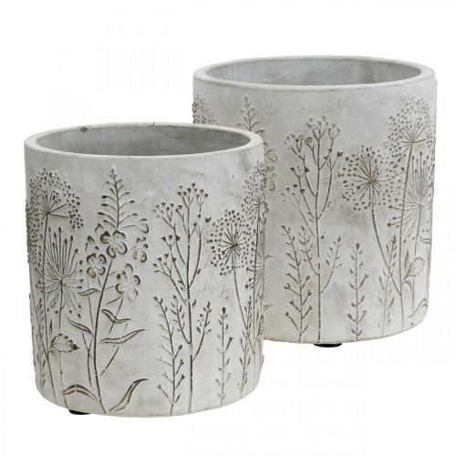 Floristik24 Vaso vaso di fiori in cemento bianco con fiori in rilievo Ø12,5cm 2 pezzi