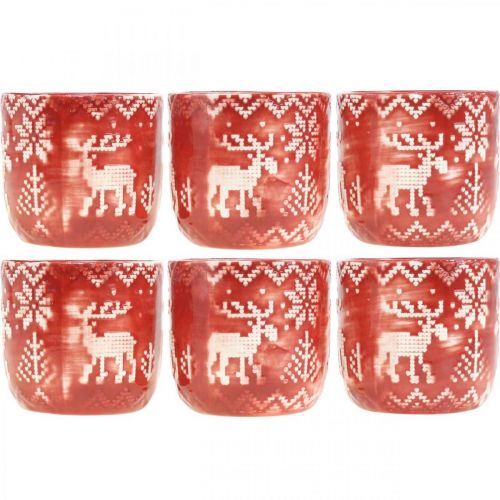 Floristik24 Decorazione in ceramica con renne, decorazione dell'Avvento, fioriera con motivo norvegese rosso / bianco Ø7.5cm H7cm 6 pezzi