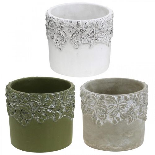 Vaso in ceramica, vaso di fiori con decoro in quercia, vaso per piante verde / bianco / grigio Ø13cm H11.5cm set di 3