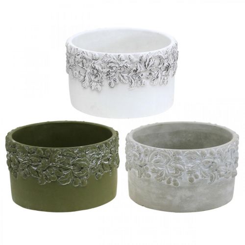 Floristik24 Fioriere con ghiande e foglie, fioriera in ceramica verde, bianco, grigio Ø17cm H9,5cm set di 3