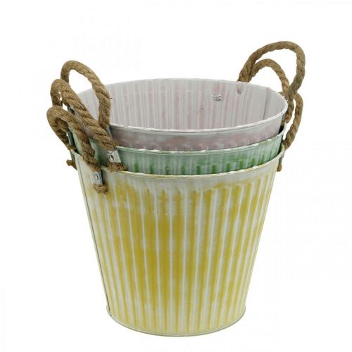 Prodotto Vaso decorativo, secchio in metallo per piantare, fioriera con manici, rosa/verde/giallo shabby chic Ø14,5 cm H13 cm set di 3
