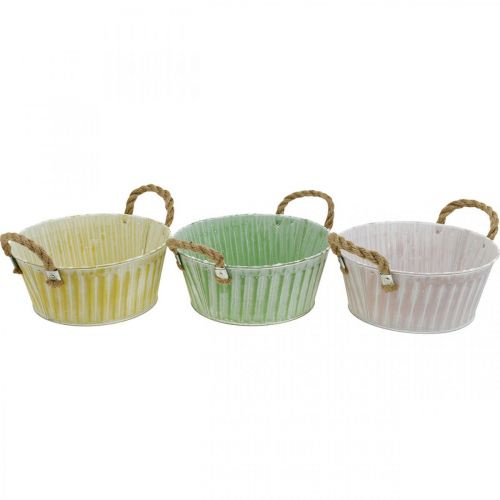 Prodotto Ciotola per piante in metallo, fioriera, vaso per piante con manici rosa/verde/giallo shabby chic Ø22cm H9,5cm set di 3