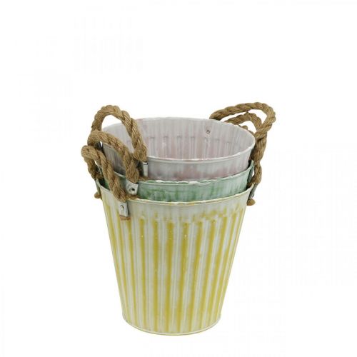 Floristik24 Secchio per piante, vaso in metallo con manici, fioriera decorativa per piantare rosa/verde/giallo shabby chic Ø12cm H10cm set di 3
