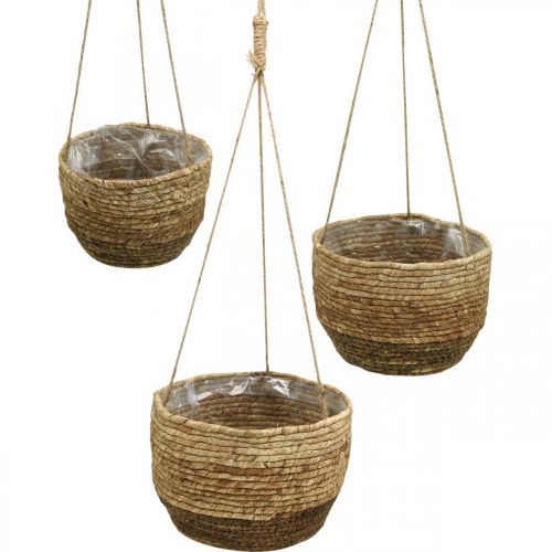 Floristik24 Cesto sospeso, cesto di foglie di mais, fioriera sospesa Naturale Ø28/24,5/21 cm, set di 3