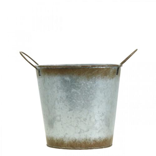 Prodotto Fioriera in metallo, fioriera, portavasi con manici argento, patina Ø18cm H20cm