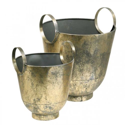 Floristik24 Antica fioriera con manici Vaso decorativo in metallo Ø31 / 25cm, set di 2