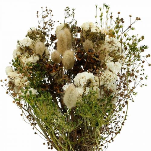Bouquet di fiori secchi con erbe di prato bianchi, verdi, marroni 125g di fiori secchi