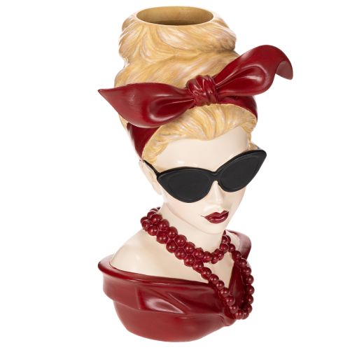 Vaso a forma di testa di donna con occhiali da sole e collana di perle, 30 cm