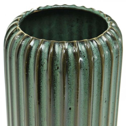 Prodotto Vaso in ceramica, decorazioni per la tavola, vaso decorativo scanalato verde, marrone Ø10.5cm H21.5cm