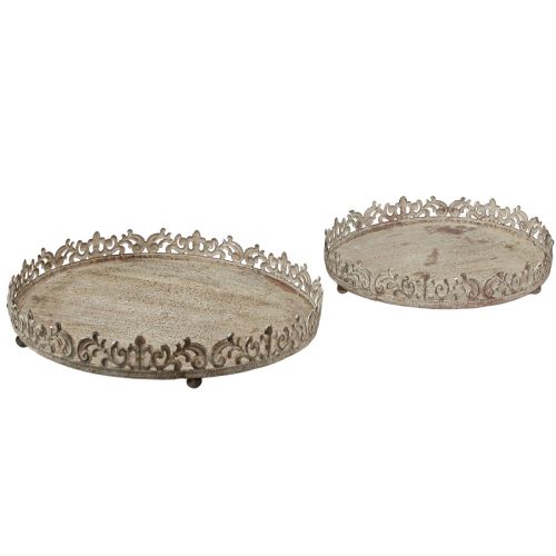 Floristik24 Vassoio decorativo vintage rotondo con piedini grigio Ø30/35cm set da 2 pezzi