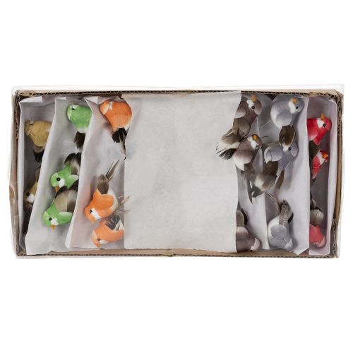 Prodotto Uccelli decorativi, decorazioni artificiali per la casa, occasioni primaverili, con piumaggio colorato fatto di piume vere, 5 cm, 18 pezzi