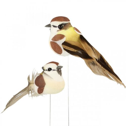 Decorazione primaverile, uccelli su un filo, uccellino artificiale marrone, bianco H3cm 12pz