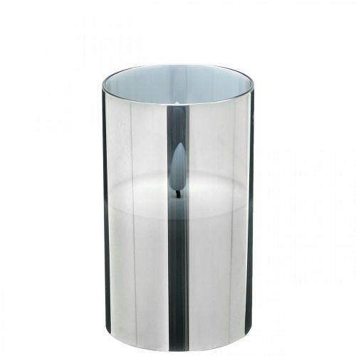 Candela LED festiva in vetro argentato, vera cera, bianco caldo, timer, a batteria Ø7,3 cm H12,5 cm