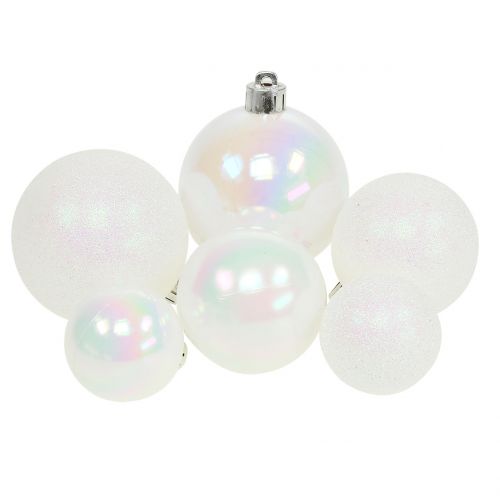Floristik24 Palla di Natale bianca iridescente Ø3,5cm - Ø5,5cm 30 pezzi