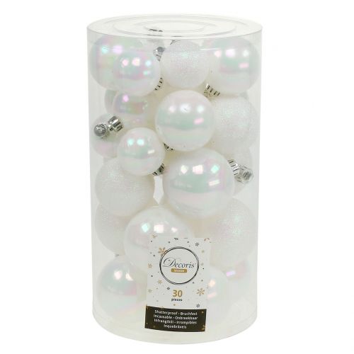 Floristik24 Palla di Natale bianca iridescente Ø3,5cm - Ø5,5cm 30 pezzi